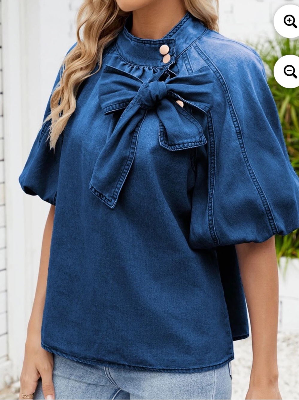 Denim Blouse Bow Tie ButtonUp Mock Neck Jean Shirt Elastic Puff Sleeve Loose Fit - Picture 2 of 7